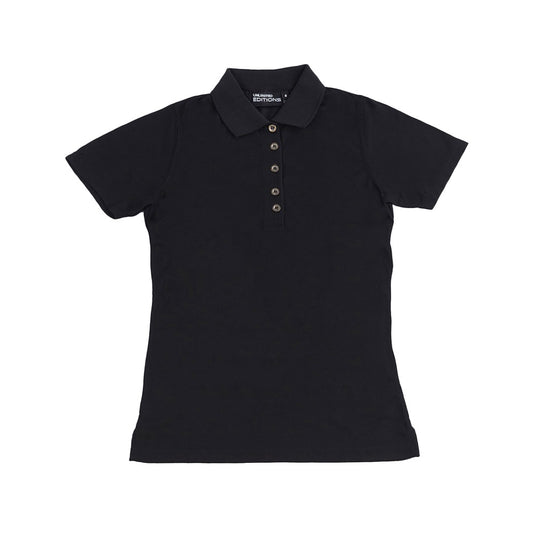 Executive Womens Polo in black, featuring a plain rib collar, premium metal buttons on a five-button placket, and set-in sleeves. Designed for comfort, it's perfect for busy executives with its moisture-wicking fabric.
