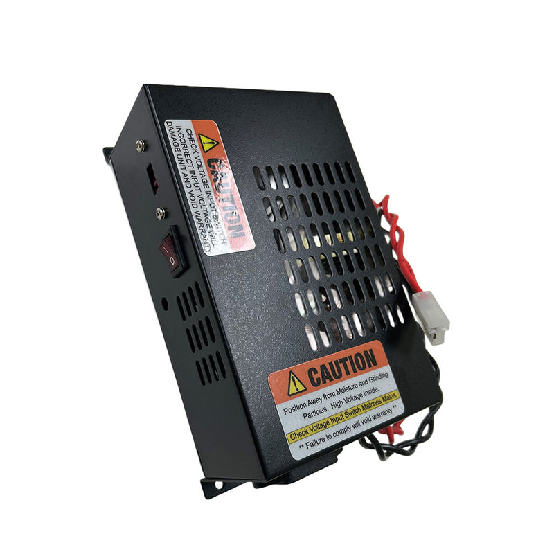 Load image into Gallery viewer, Dinasaw 240V Bench Mount Power Supply, a compact, black‐powder-coated metal enclosure with ventilation slots, power switch, quick-connect plugs, and high voltage labels, suitable for DinaSaw machinery, ensuring safety and efficiency.