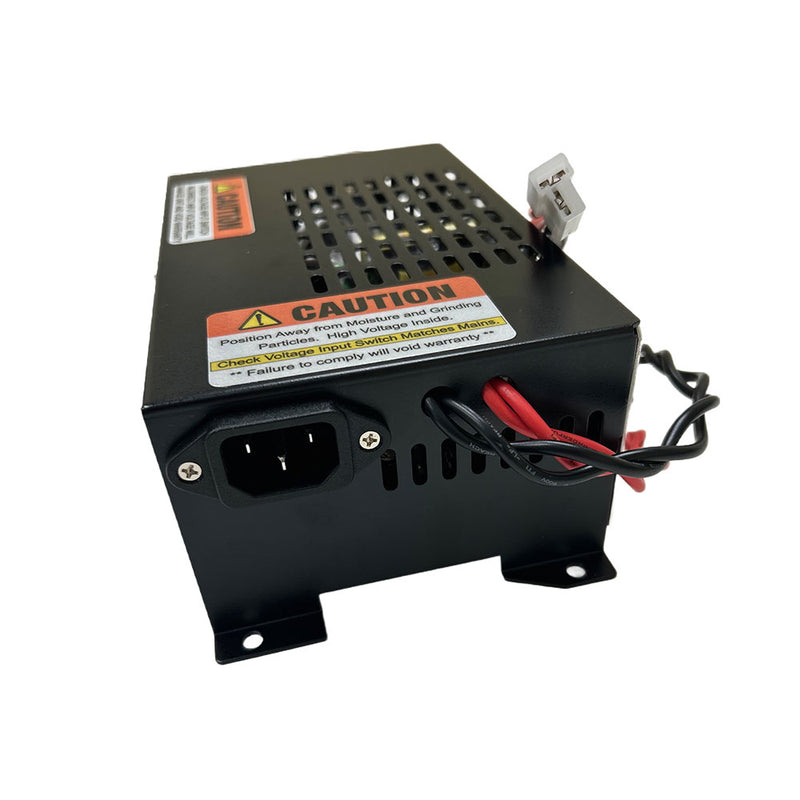 Load image into Gallery viewer, Dinasaw 240V Bench Mount Power Supply, featuring a black-powder-coated metal housing with IEC mains inlet, ventilation slots, and caution label. Includes red and black output leads for low-voltage DC output.