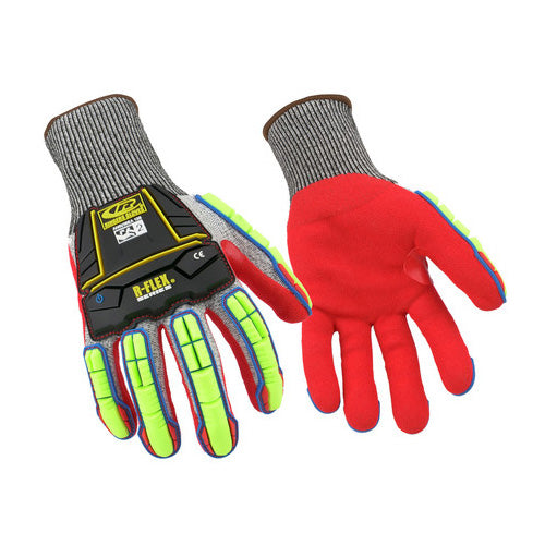 Ringers Cut Resistant Palm Coated Impact Glove featuring RINGERS® F3 Technology™ with high-visibility, touchscreen-compatible fingers, and half-dipped nitrile palm for enhanced grip and impact protection.