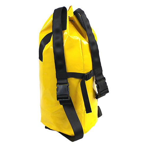 Yellow PVC Rope Bag 100M with black straps, featuring adjustable shoulder straps and a drawstring closure, designed for carrying safety gear like helmets and harnesses, ideal for Active Safety equipment needs.