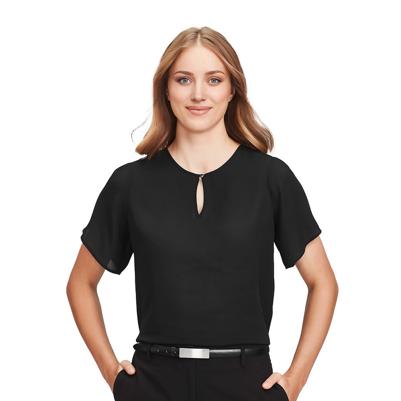 Load image into Gallery viewer, Biz Vienna Womens Short Sleeve Blouse features airy fluted sleeves, a curved back hem with side splits, and a keyhole front opening, perfect for a relaxed yet professional look in warmer climates.