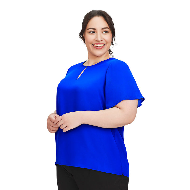 Load image into Gallery viewer, Biz Vienna Womens Short Sleeve Blouse features fluted sleeves and a curved back hem, offering a relaxed fit perfect for warmer climates. Ideal for layering under a jacket or pairing with chinos.