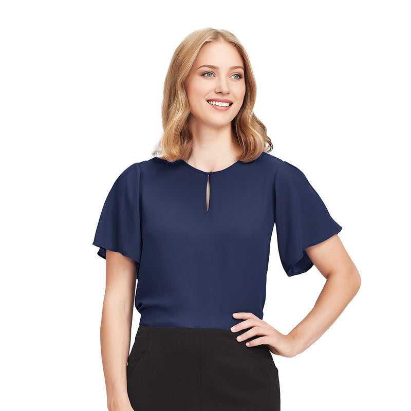 Load image into Gallery viewer, Biz Vienna Womens Short Sleeve Blouse features fluted sleeves and a curved back hem, offering a relaxed fit suitable for active settings. Ideal for pairing with workplace attire or casual outfits.