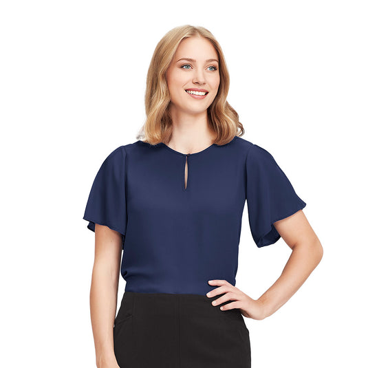 Biz Vienna Womens Short Sleeve Blouse features fluted sleeves and a curved back hem, offering a relaxed fit suitable for active settings. Ideal for pairing with workplace attire or casual outfits.