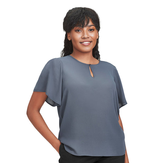 Biz Vienna Women's Short Sleeve Blouse featuring fluted sleeves and a curved back hem, designed for a relaxed fit and breathability, perfect for pairing with workwear or casual outfits.