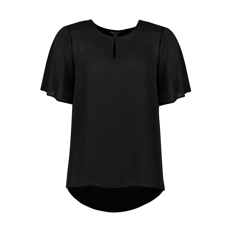 Load image into Gallery viewer, Biz Vienna Womens Short Sleeve Blouse features fluted sleeves, a curved back hem, and a keyhole front detail, offering a breezy, stylish option for warm climates, ideal for versatile workplace wear.
