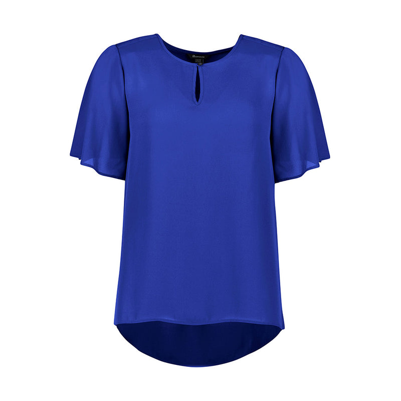 Load image into Gallery viewer, Biz Vienna Womens Short Sleeve Blouse with breezy fluted sleeves and a longer curved back hem. Ideal for warm climates, it offers a relaxed fit, suitable for both professional and casual wear.