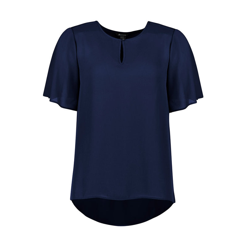 Load image into Gallery viewer, Biz Vienna Womens Short Sleeve Blouse features breezy fluted sleeves and a curved back hem, ideal for warmer climates. Its single-layer polyester fabric provides a relaxed fit, complementing professional and casual workplace attire.