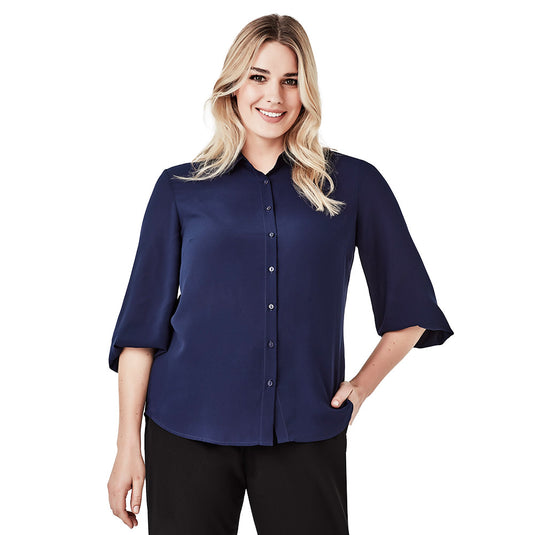 Biz Womens Lucy 3/4 Sleeve Blouse in luxurious Georgette fabric, featuring versatile sleeve length with elastic cuffs for adjustable drape. Ideal for professional settings, reflecting Active Safety's commitment to quality workwear.