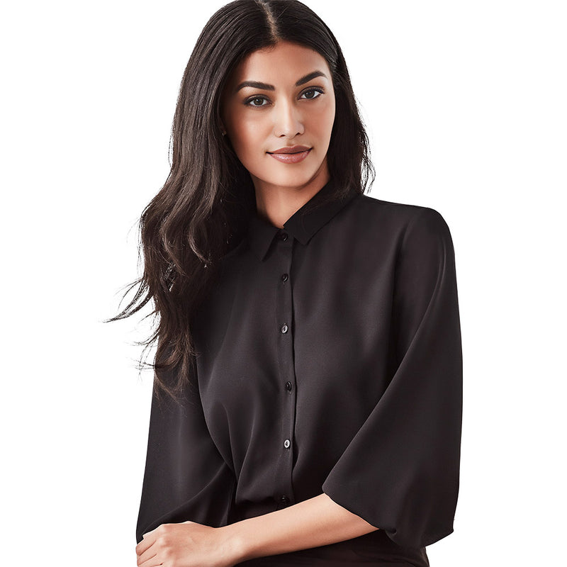 Load image into Gallery viewer, Biz Womens Lucy 3/4 Sleeve Blouse in lightweight Georgette fabric, featuring versatile sleeves with soft elastic cuffs and dyed-to-match buttons. Perfect for a semi-fitted, professional look.