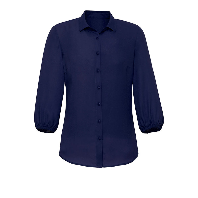 Load image into Gallery viewer, The Biz Womens Lucy 3/4 Sleeve Blouse features a semi-fitted silhouette in lightweight Georgette, with versatile elastic cuffs and a back pleat, ideal for a professional yet comfortable workwear look.