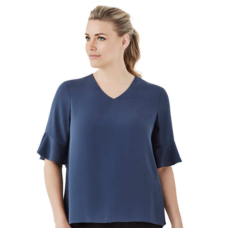 Load image into Gallery viewer, Biz Ladies Aria Fluted Sleeve Blouse featuring soft fluted sleeves and a straight hem, crafted from luxurious lightweight Georgette fabric, perfect for blending style with comfort in a workplace setting.