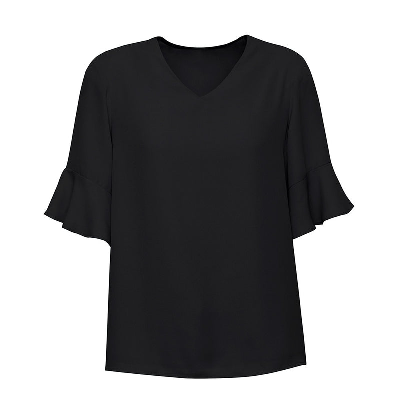 Load image into Gallery viewer, Biz Ladies Aria Fluted Sleeve Blouse in lightweight Georgette with ruffles and v-neck. Features easy slip-on style and soft fluted sleeves, ideal for workplace fashion from New Zealand's Active Safety.