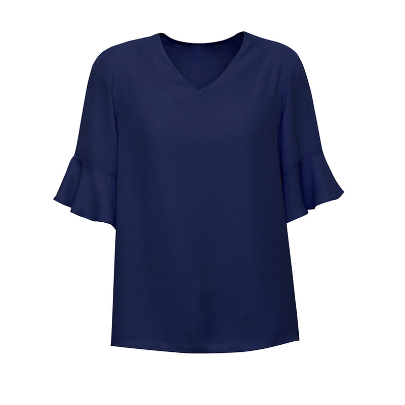 Load image into Gallery viewer, Biz Ladies Aria Fluted Sleeve Blouse made from lightweight Georgette fabric, featuring soft fluted sleeves and a straight hem. Ideal for a polished yet comfortable workplace look, reflecting contemporary fashion sensibilities.