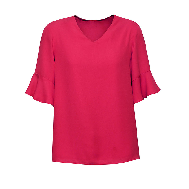 Load image into Gallery viewer, Biz Ladies Aria Fluted Sleeve Blouse in Georgette fabric, featuring ruffled detailing and soft fluted sleeves. Ideal for professional settings, offering a stylish yet lightweight and breathable design.
