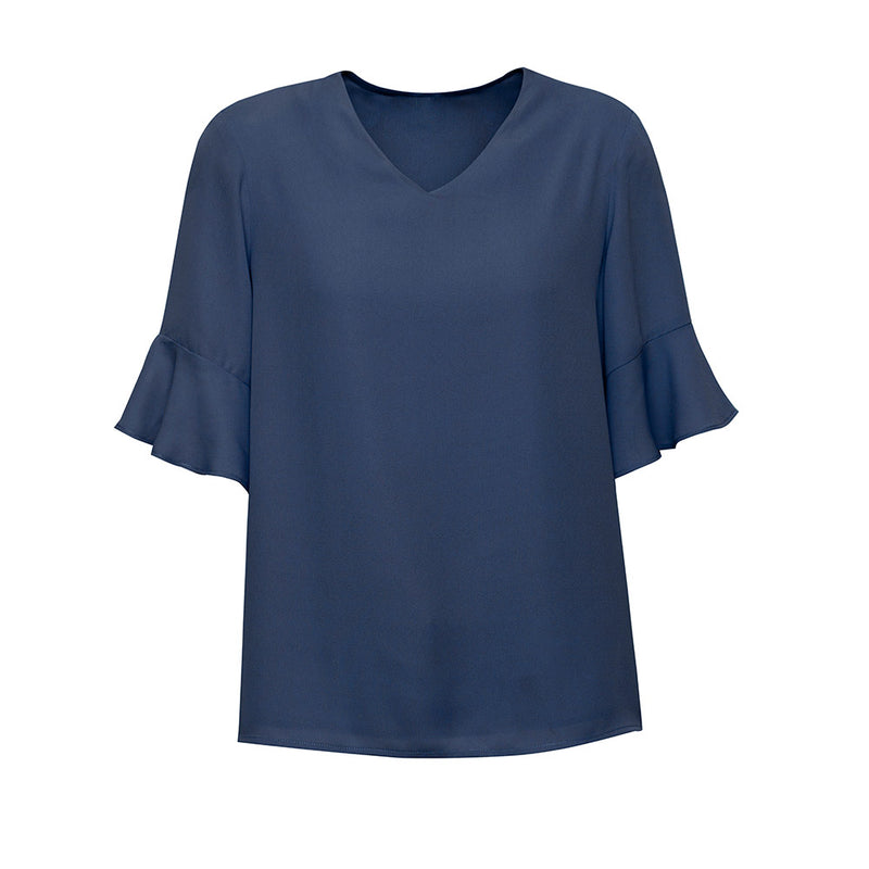 Load image into Gallery viewer, Biz Ladies Aria Fluted Sleeve Blouse in lightweight Georgette fabric, featuring soft fluted sleeves and a straight hem for versatile wear, ideal for a stylish, comfortable workplace look.