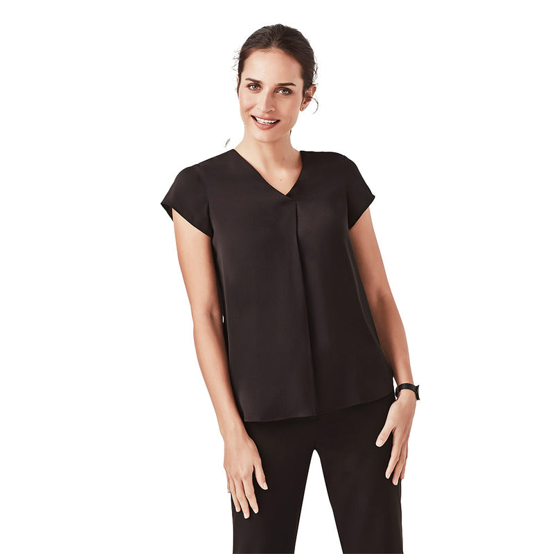 Load image into Gallery viewer, Biz Womens Kayla V-Neck Pleat Blouse features cap sleeves, front and back pleats, and a longer curved back hem, offering a sophisticated look suitable for professional work environments.