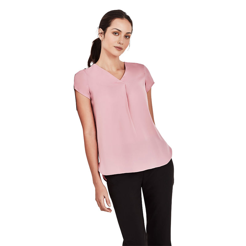 Load image into Gallery viewer, Biz Womens Kayla V-Neck Pleat Blouse features a sophisticated silk-like texture with cap sleeves, front and back pleats, and a longer curved hem, ideal for pairing with slim leg pants.