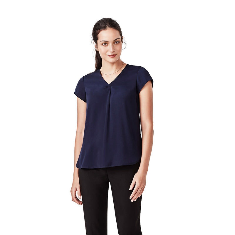 Load image into Gallery viewer, Biz Womens Kayla V-Neck Pleat Blouse features a sophisticated, lustrous finish with cap sleeves and pleat details, designed for an easy fit and professional look, ideal for workplace attire.