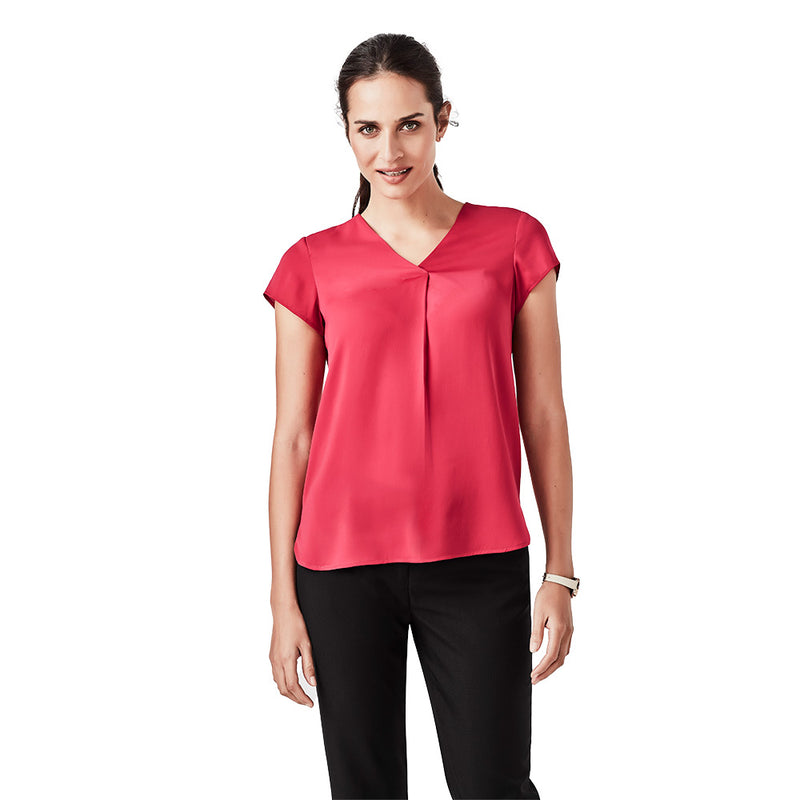 Load image into Gallery viewer, Biz Womens Kayla V-Neck Pleat Blouse features a sophisticated design with cap sleeves, front and back pleat detailing, and a longer curved hem, offering an elegant fit perfect for workplace attire.