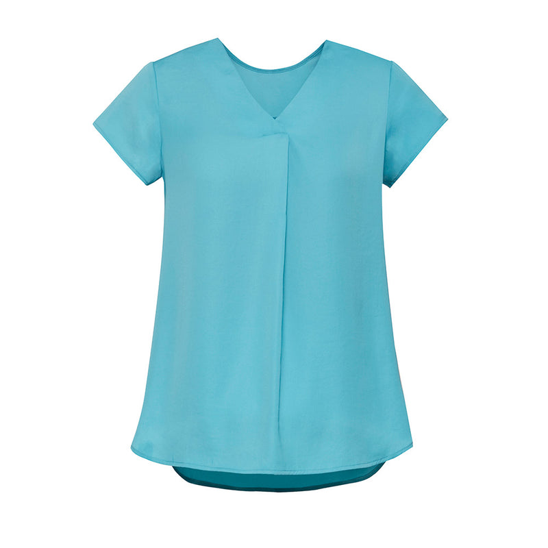 Load image into Gallery viewer, Biz Womens Kayla V-Neck Pleat Blouse features cap sleeves and pleat detailing, offering sophistication with its silk-like texture and slip-on design. Ideal for pairing with slim pants for a polished look.