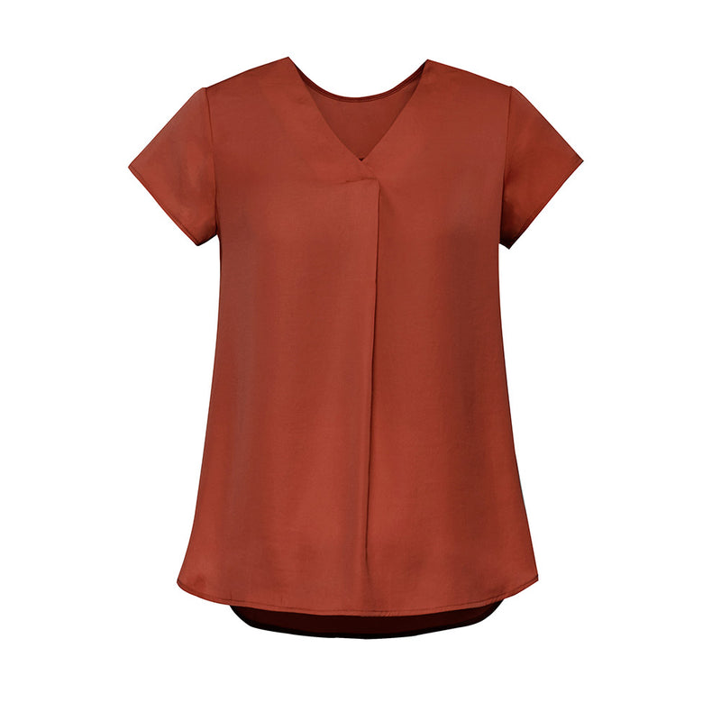 Load image into Gallery viewer, Biz Womens Kayla V-Neck Pleat Blouse with cap sleeves, front and back pleat detailing, and a longer curved back hem, designed for a sophisticated look and easy fit.
