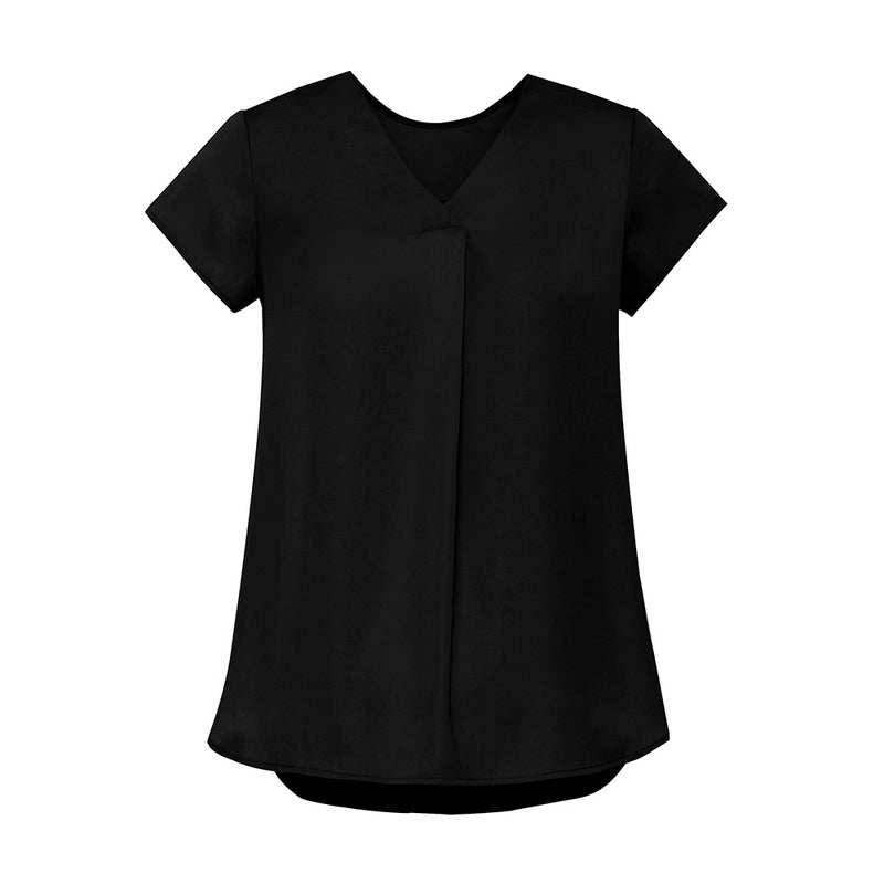 Load image into Gallery viewer, Biz Womens Kayla V-Neck Pleat Blouse features a sophisticated silk-like texture with cap sleeves, front and back pleats, and a curved back hem, ideal for pairing with slim leg pants.