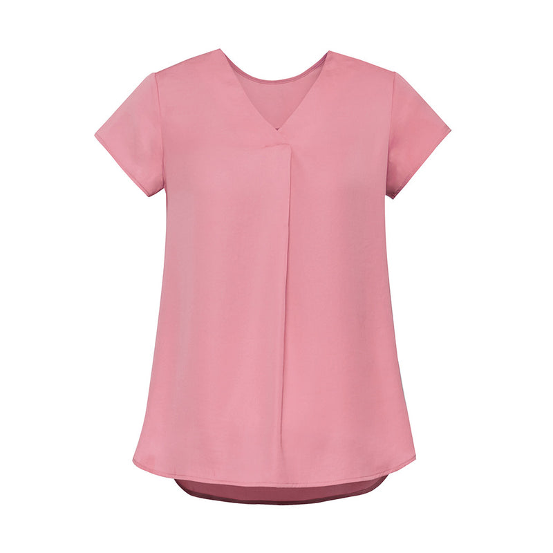 Load image into Gallery viewer, Biz Womens Kayla V-Neck Pleat Blouse features cap sleeves, front and back pleat details, and a longer curved hem; designed for comfort with a sophisticated silk-like finish, ideal for professional settings.