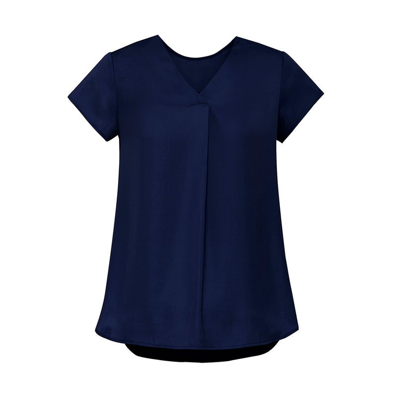 Load image into Gallery viewer, Biz Womens Kayla V-Neck Pleat Blouse features cap sleeves, front and back pleats, and a longer curved back hem, offering a sophisticated look ideal for pairing with slim leg pants.