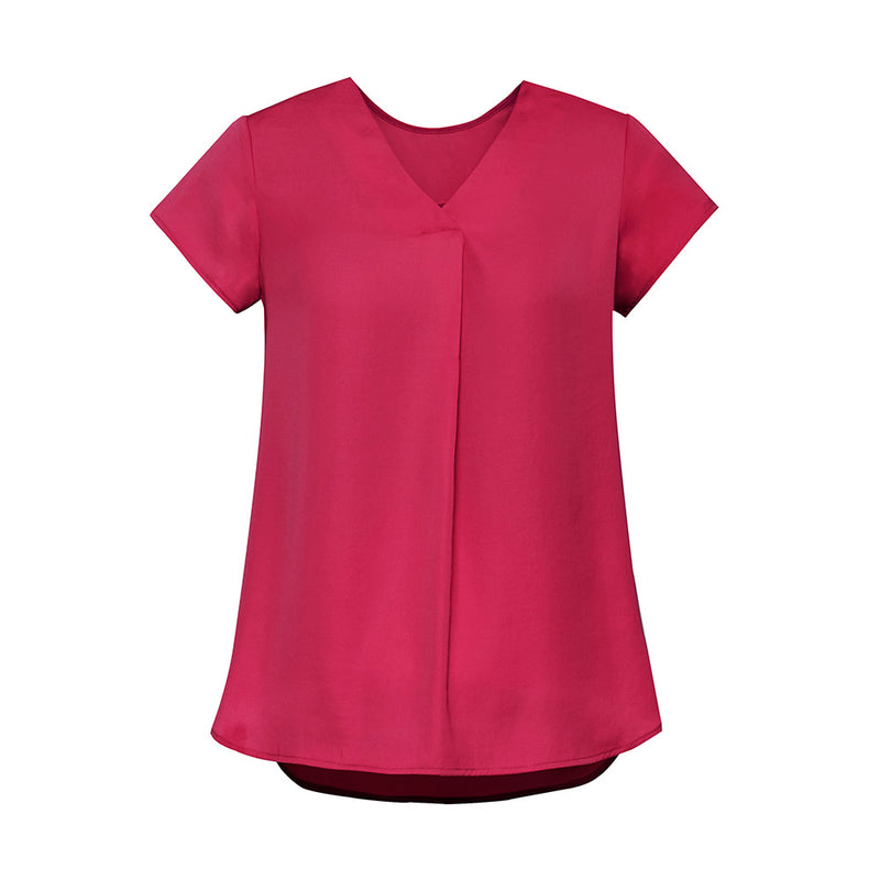 Load image into Gallery viewer, Biz Womens Kayla V-Neck Pleat Blouse with cap sleeves, front and back pleats, and a longer curved back hem, offering a sophisticated look with its silk-like texture and easy slip-on design.