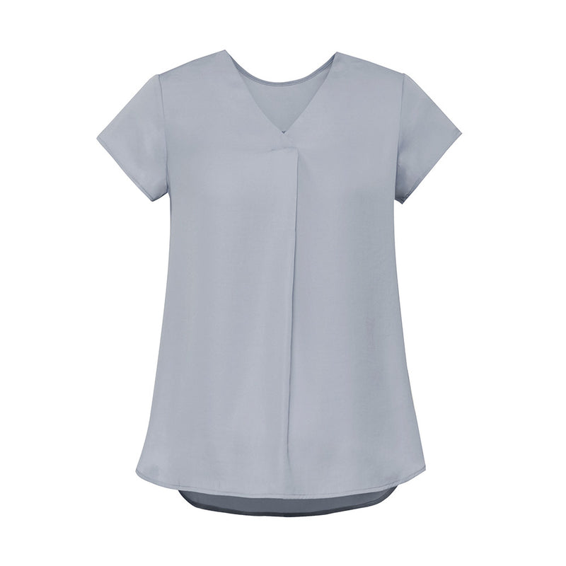 Load image into Gallery viewer, Biz Womens Kayla V-Neck Pleat Blouse features a sophisticated design with cap sleeves, front and back pleat detailing, and a longer curved back hem, ensuring comfort and a polished look.