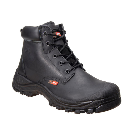 Apex Rutherford Safety Boots featuring a steel toe cap, visible laces, and a zipper. Designed for safety with an anti-penetration midsole and full-grain leather, ideal for workplace protection.