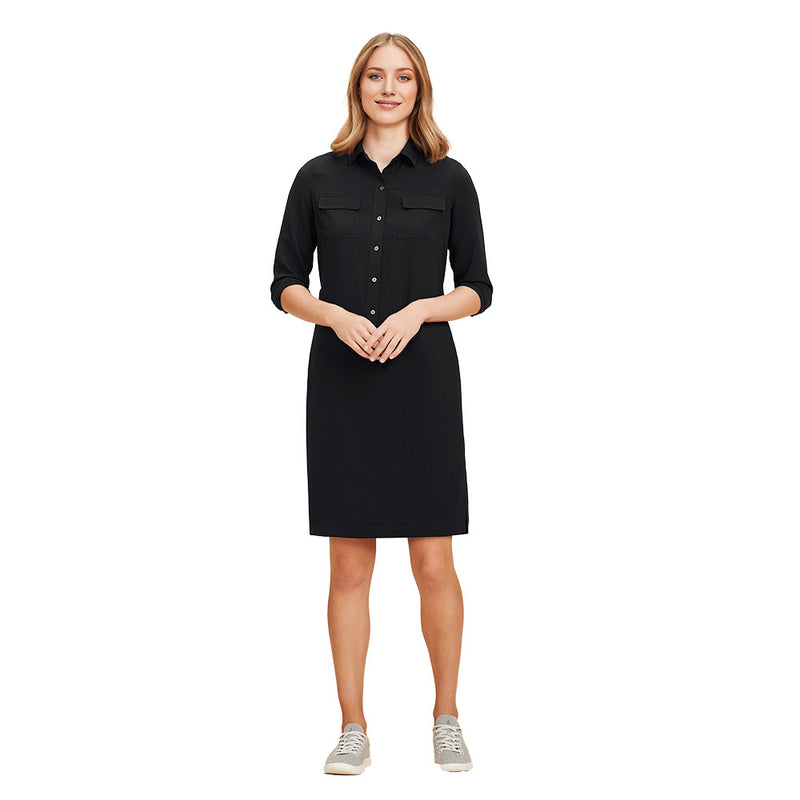 Load image into Gallery viewer, Biz Womens Chloe Dress, a versatile shirt dress featuring side pockets, a secret bust button, detachable belt, and side splits. Made from luxurious Georgette fabric with wicking for comfort and practicality.