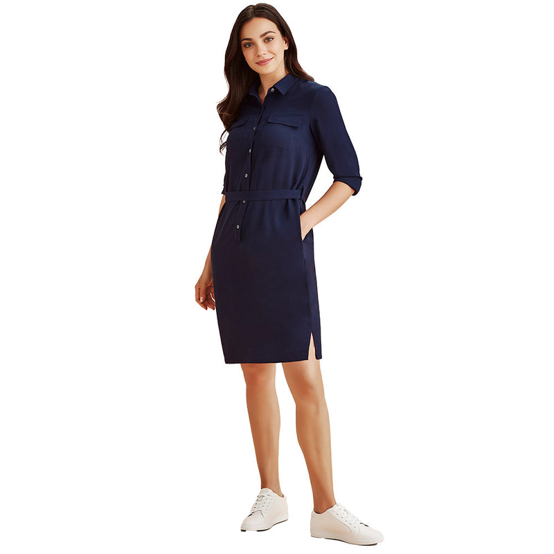 Load image into Gallery viewer, Biz Womens Chloe Dress, a chic shirt dress featuring side pockets, a secret bust button, detachable belt, and side splits, crafted from luxurious, breezy Georgette fabric with added wicking for comfort.