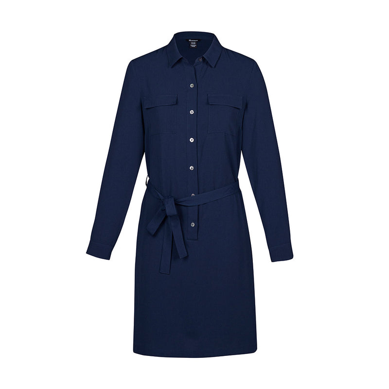 Load image into Gallery viewer, Biz Womens Chloe Dress, a chic shirt dress crafted from luxurious Georgette fabric, features side pockets, a secret bust button, detachable belt, and side splits, perfect for versatile office and off-duty styles.