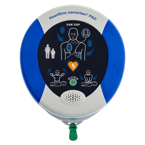 Load image into Gallery viewer, HeartSine Defibrillator 350P with CPR Coaching, featuring a compact design and simple two-button operation, ideal for first responders. Includes a leather case for protection and portability.