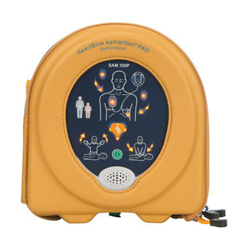 Load image into Gallery viewer, HeartSine Defibrillator 350P, shown close-up, highlighting its compact and user-friendly design with CPR Coaching. Ideal for various environments, emphasizing its durability and ease of use for emergency responders.