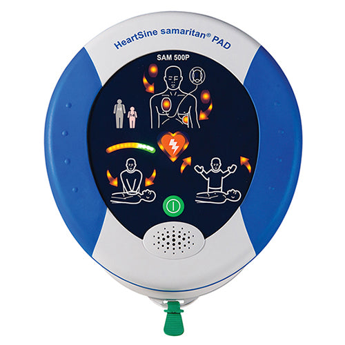 HeartSine Defibrillator 500P, featuring an integrated CPR Advisor, offers real-time feedback for CPR effectiveness, ideal for safety-conscious environments. Close-up view emphasizes its user-friendly interface and advanced functionality.