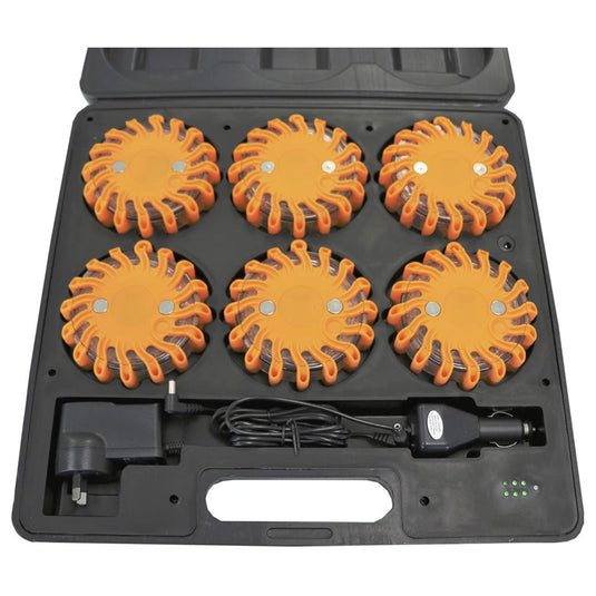 Esko Rechargeable LED Road Flares: Pack/6, featuring a close-up of the circular design with rubberized fins for durability, showcasing the versatile safety equipment ideal for motorists and emergency teams, available at Active Safety.