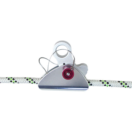 Close-up of a Micro Rope Grab designed for 11-16mm Kernmantle Rope, showcasing its sturdy metal construction, ideal for height safety applications, aligning with Active Safety's focus on workplace safety and height protection.