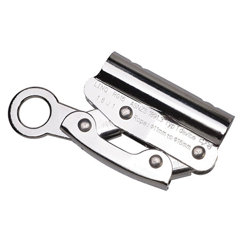 LINQ Rope Grab 11-16mm, a silver metal tool with a precise hole design, ideal for safety on 11-16mm ropes. Perfect for height safety, meeting AS/NZS 1891.3 Type 1 standards.