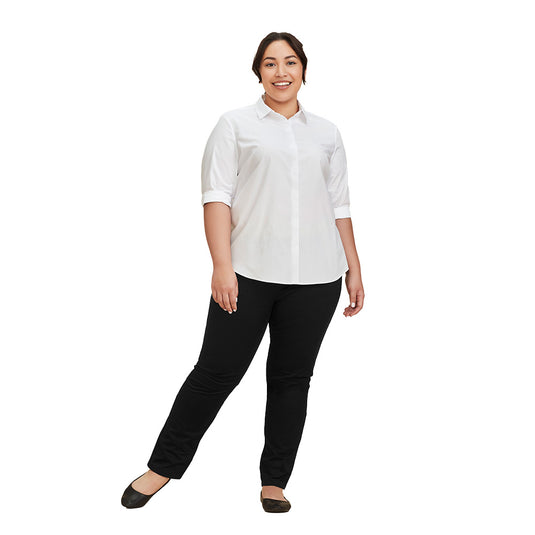 Biz Womens Slim Leg Stretch Chino Pant features a mid-rise, slim fit design with a tapered leg and contrast chambray details, offering comfort and style suitable for professional and active environments.