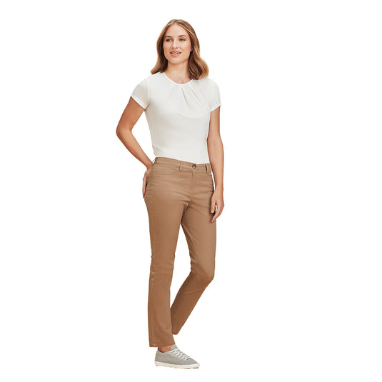 Biz Womens Slim Leg Stretch Chino Pant, featuring a mid-rise fit with a tailored silhouette, two back and angled front pockets, and contrast chambray detailing for a polished workplace look.
