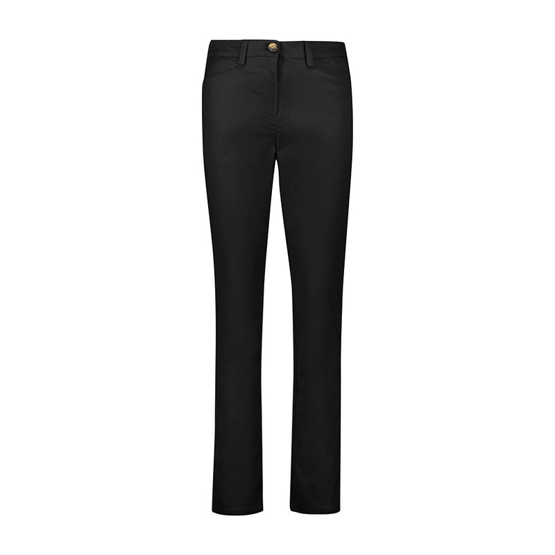 Load image into Gallery viewer, Biz Womens Slim Leg Stretch Chino Pant with a mid-rise fit, close through hips and thighs, featuring angled pockets, chambray-lined waistband, and back darts, ideal for active workplace wear.