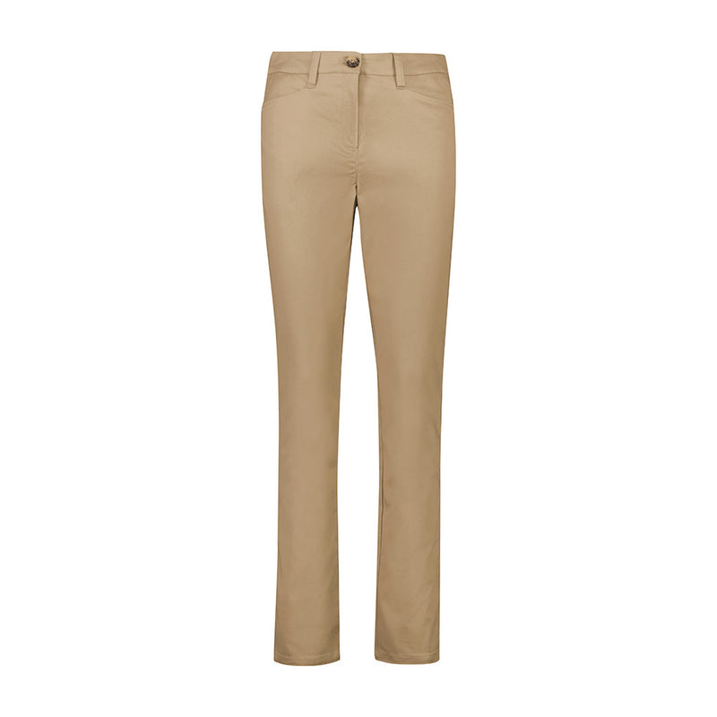 Load image into Gallery viewer, Biz Womens Slim Leg Stretch Chino Pant features a tailored mid-rise fit with a narrow leg opening, angled side pockets, back patch pockets, and contrast chambray detailing for a professional, comfortable look.