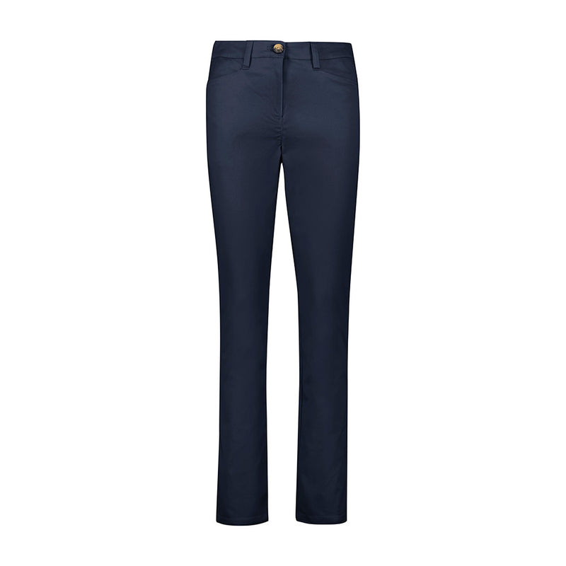Load image into Gallery viewer, Biz Womens Slim Leg Stretch Chino Pant with mid-rise fit, tailored through hips and thighs, featuring 2 front and back pockets, tortoise shell button, metal fly zip, and chambray detailing.