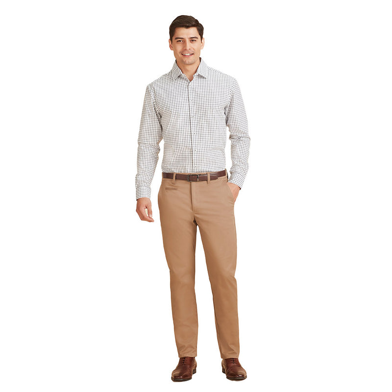 Load image into Gallery viewer, Biz Mens Traveller Modern Stretch Chino Pant, featuring a straight cut with back and side pockets, belt loops, and a tortoise shell button, designed for comfort and functionality with added stretch and adjustable seams.