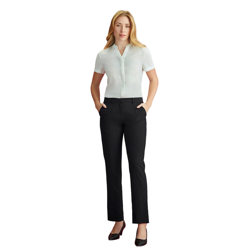 Load image into Gallery viewer, Biz Womens Siena Adjustable Waist Pant showcased by a woman standing with hands in pockets, featuring a streamlined straight leg and deep pockets, ideal for both functional and corporate roles.