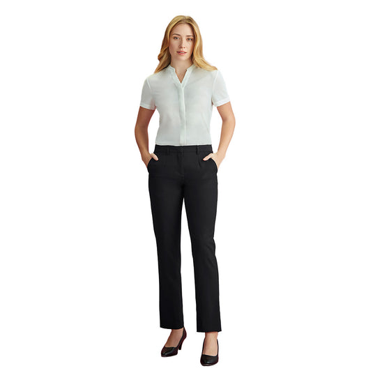 Biz Womens Siena Adjustable Waist Pant showcased by a woman standing with hands in pockets, featuring a streamlined straight leg and deep pockets, ideal for both functional and corporate roles.